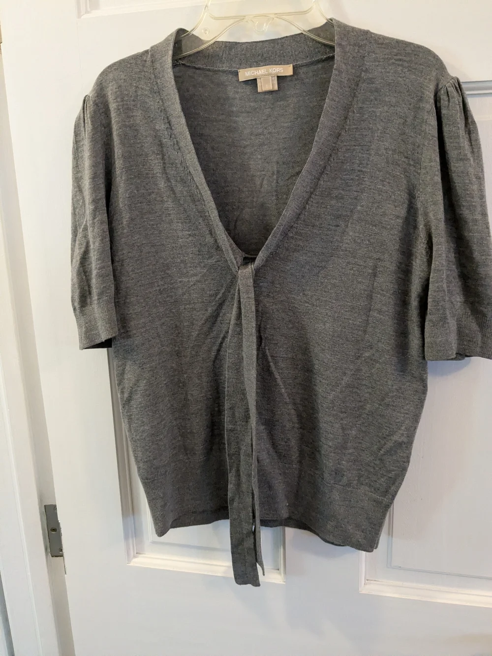 Michael Kors Gray V-Neck Short-Sleeve Tie-Front Sweater